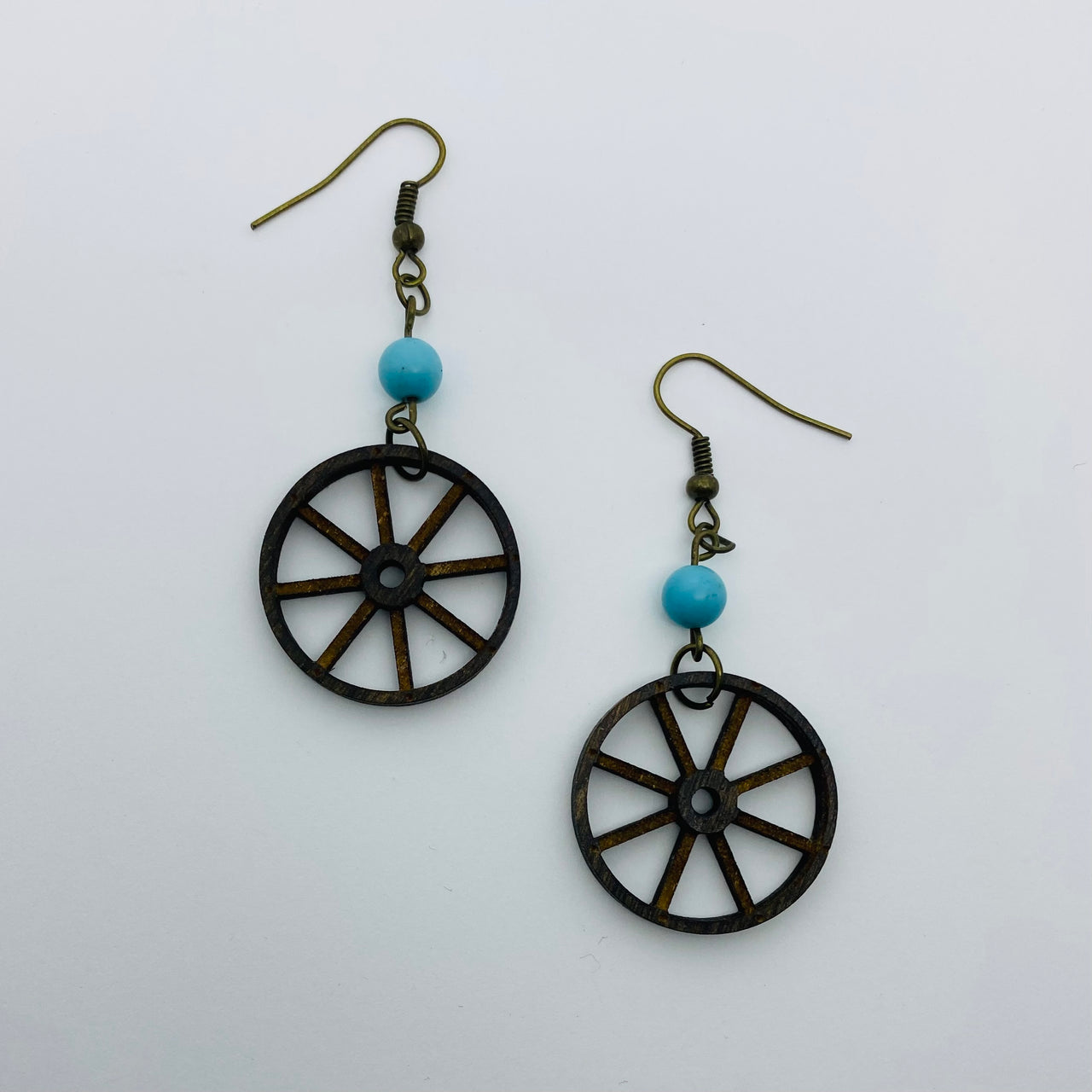 Wooden Wagon Wheel Litewood Earrings in Blue