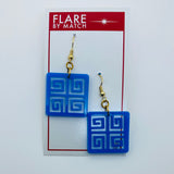 Flare Tiki Tapa Dangler Earrings in Bright Blue