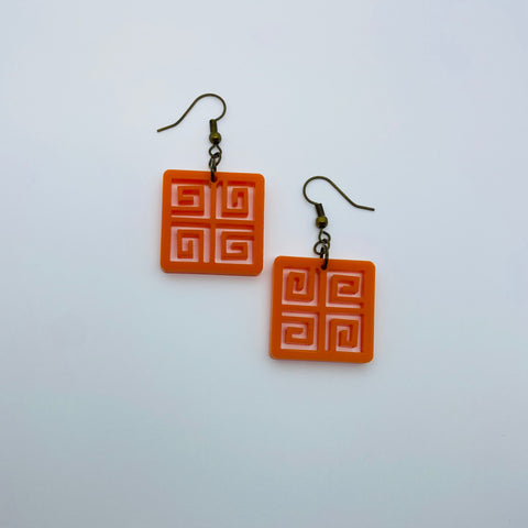 Flare Tiki Tapa in Dangler Earrings in Orange