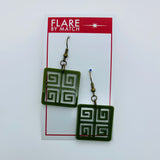 Flare Tiki Tapa Dangler Earrings in Olive Green