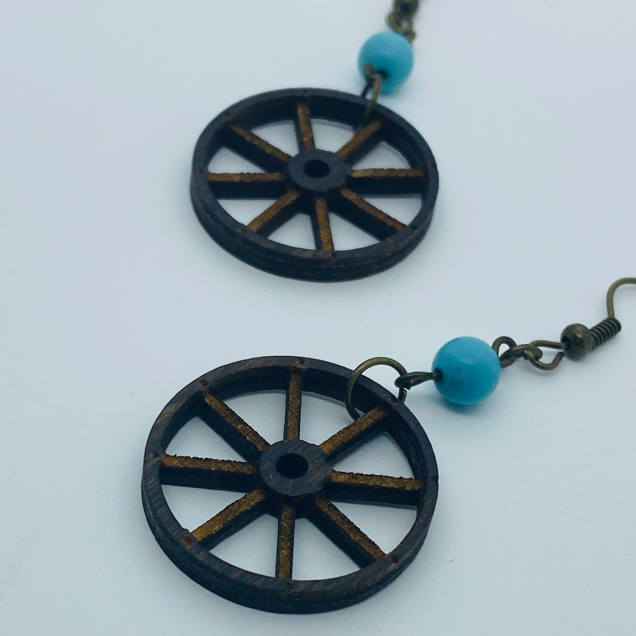 Wooden Wagon Wheel Litewood Earrings in Blue