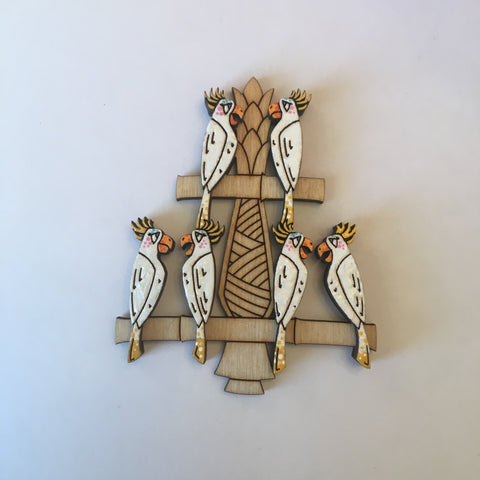 Hand Painted Wooden Showgirl Birds Litewood™ Brooch