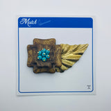 Hand Carved Wooden Haskell Blossom Litewood Brooch in Aqua