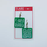 Flare Tiki Tapa Dangler Earrings in Dark Green