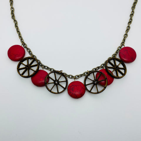 Wooden Wagon Wheel Litewood Necklace in Red