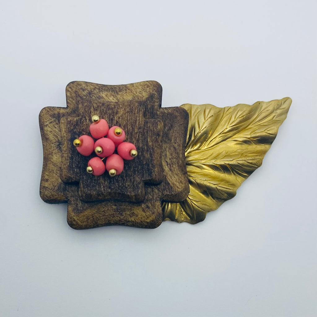 Hand Carved Wooden Haskell Blossom Litewood Brooch in Coral