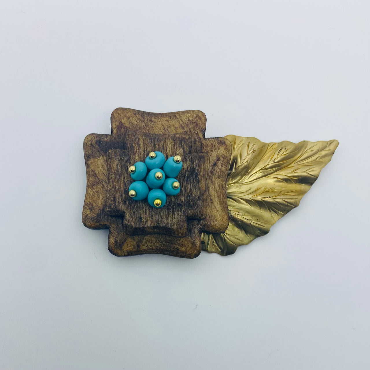 Hand Carved Wooden Haskell Blossom Litewood Brooch in Aqua